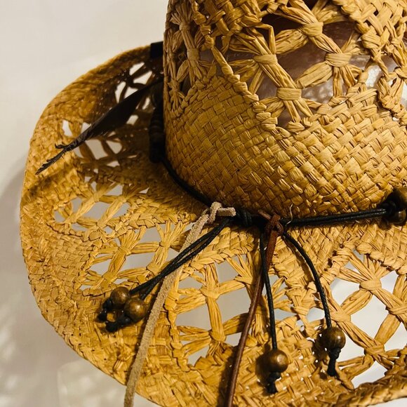 Peter Grimm Straw Cowboy Hat-Brown Beaded/Feathers-Country-Bohemian-Women's - Picture 9 of 16